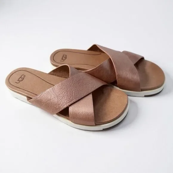 UGG Kari Sandals Size 7 Metallic Rose Gold Leather Crisscross Platform Slide - Picture 1 of 7